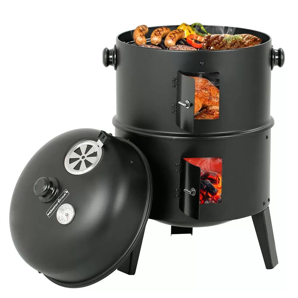 MASTER COOK SRCG20008 Vertical 16 in. Steel Charcoal Smoker, Heavy-Duty Round BBQ Grill for Outdoor Cooking in Black