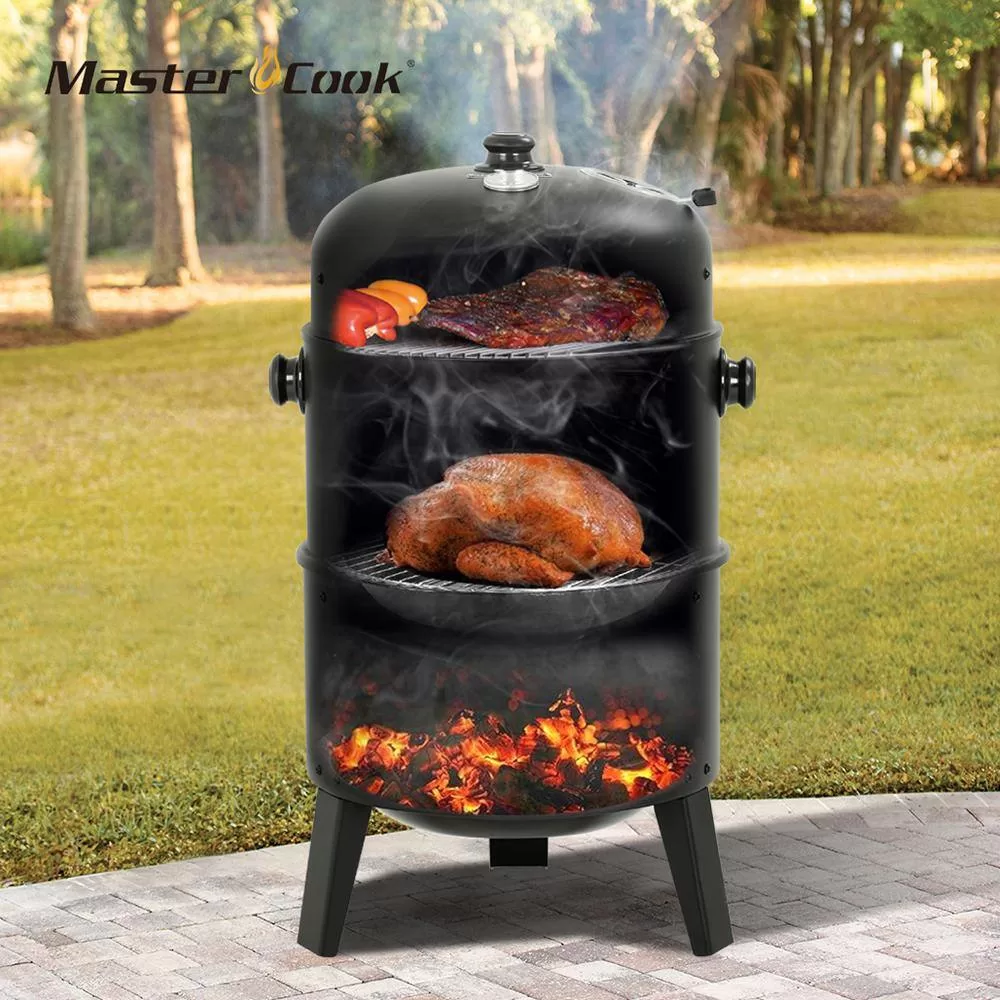 MASTER COOK SRCG20008 Vertical 16 in. Steel Charcoal Smoker, Heavy-Duty Round BBQ Grill for Outdoor Cooking in Black