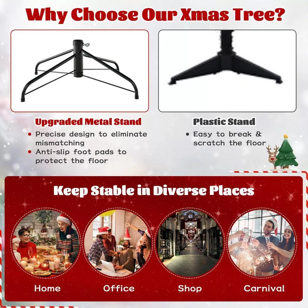 Costway CM20716 8 ft. Pre-Lit Dense PVC Christmas Tree Spruce Hinged with 880 LED Lights and Stand