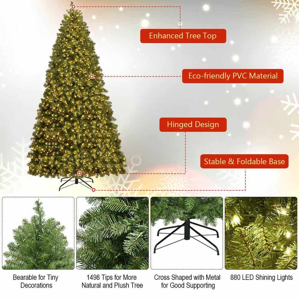 Costway CM20716 8 ft. Pre-Lit Dense PVC Christmas Tree Spruce Hinged with 880 LED Lights and Stand