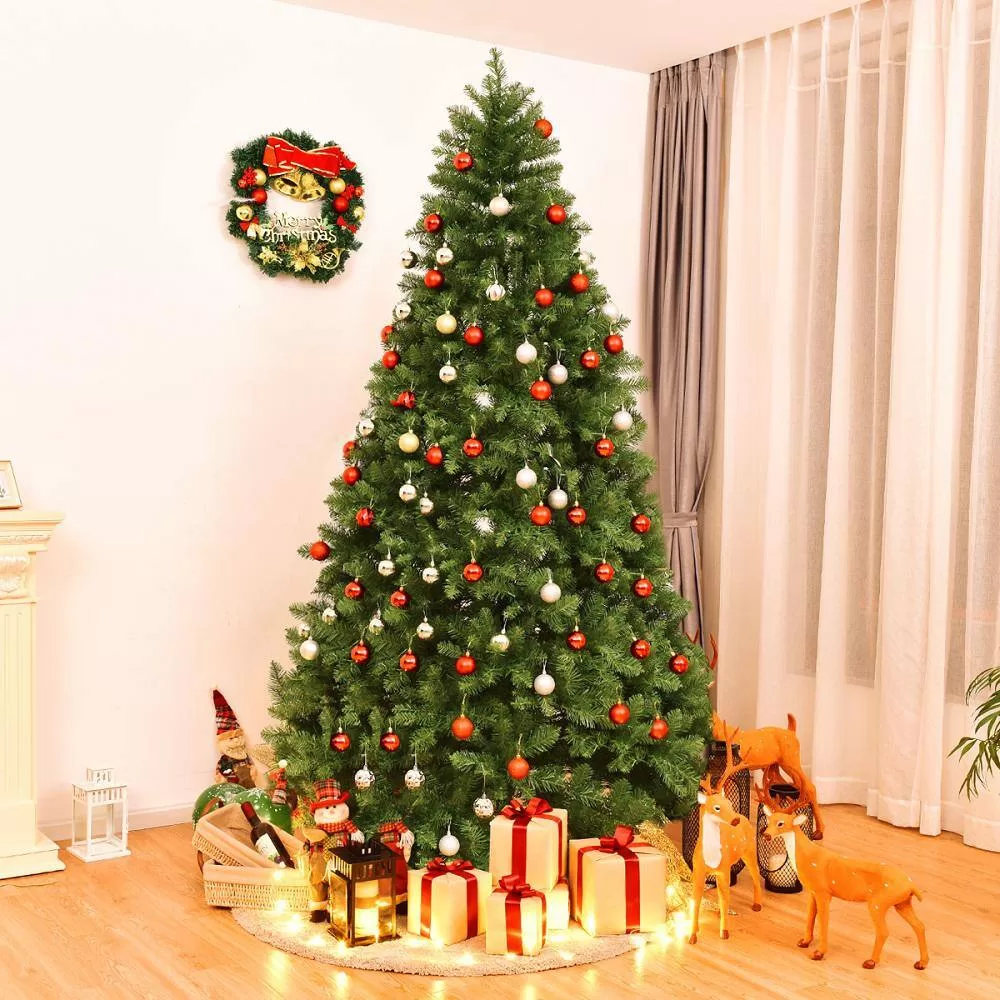 Costway CM20716 8 ft. Pre-Lit Dense PVC Christmas Tree Spruce Hinged with 880 LED Lights and Stand