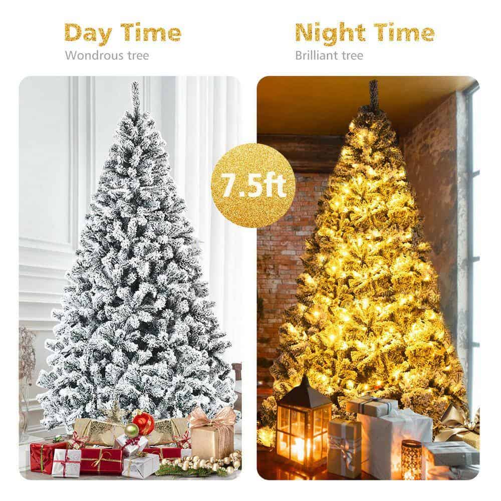 Costway CM22068 7.5 ft. Unlit Premium Snow Flocked Hinged Artificial Christmas Tree with Metal Stand