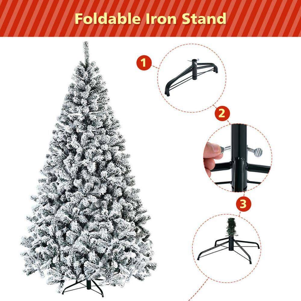 Costway CM22068 7.5 ft. Unlit Premium Snow Flocked Hinged Artificial Christmas Tree with Metal Stand