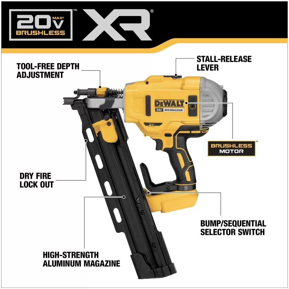 DEWALT DCN21PLB 20V MAX XR Lithium-Ion Cordless Brushless 2-Speed 21° Plastic Collated Framing Nailer (Tool Only)