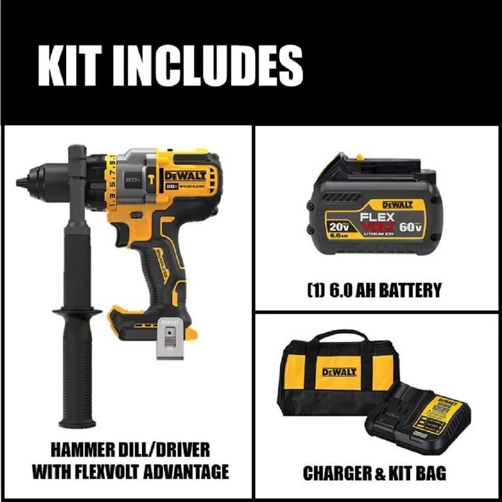 DEWALT DCD999T1 20V MAX Cordless Brushless 1/2 in. Hammer Drill/Driver with FLEXVOLT ADVANTAGE and (1) FLEXVOLT 6.0Ah Battery