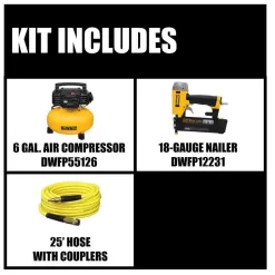 DEWALT DWFP55126W23450 6 Gal. 165 PSI Electric Pancake Air Compressor with 18-Gauge Pneumatic 2 in. Brad Nailer & 50 ft. x 1/4 in. Air Hose