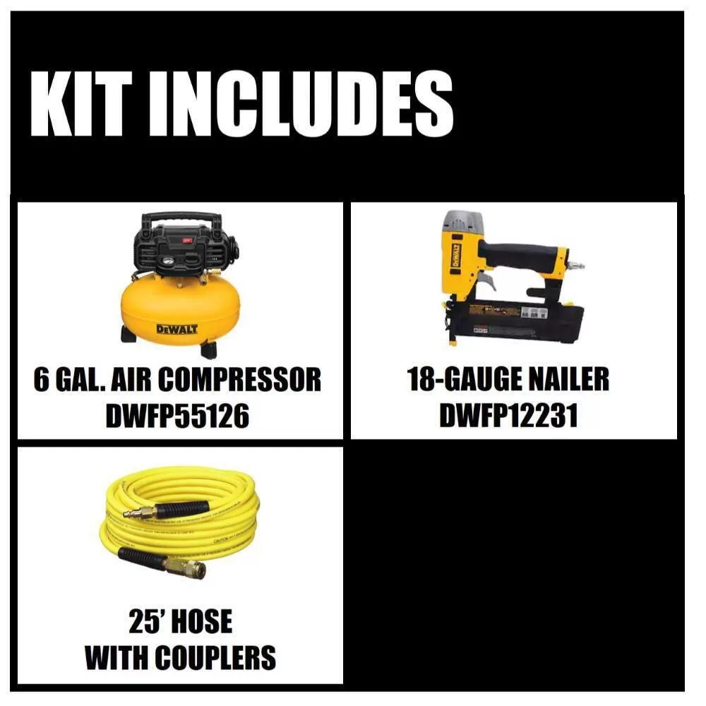 DEWALT DWFP55126W23450 6 Gal. 165 PSI Electric Pancake Air Compressor with 18-Gauge Pneumatic 2 in. Brad Nailer & 50 ft. x 1/4 in. Air Hose