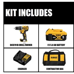 DEWALT DCD791P1 20V MAX XR Cordless Brushless 1/2 in. Drill/Driver with (1) 20V 5.0Ah Battery, Charger and Bag
