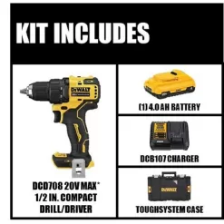 DEWALT HDCOMKITQ220 ATOMIC 20V MAX Cordless Brushless 1/2 in. Drill/Driver Kit, (1) 4.0Ah Battery, Charger, and Tough System 22 in. Toolbox