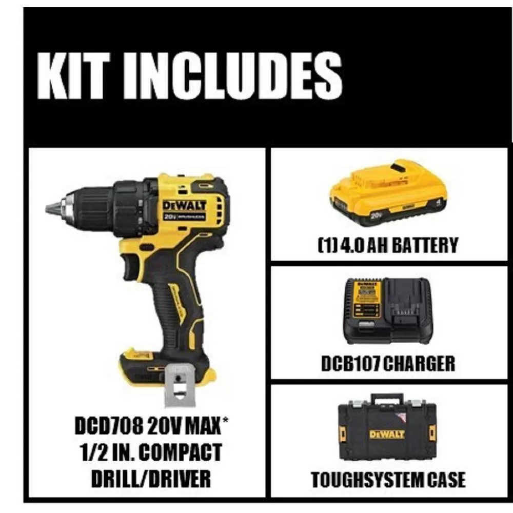 DEWALT HDCOMKITQ220 ATOMIC 20V MAX Cordless Brushless 1/2 in. Drill/Driver Kit, (1) 4.0Ah Battery, Charger, and Tough System 22 in. Toolbox