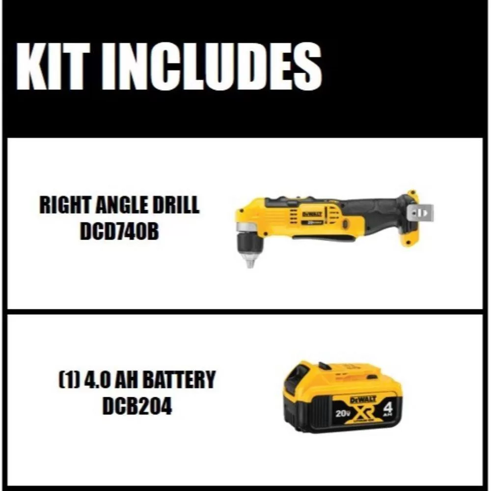 DEWALT DCD740BW204 20V MAX Cordless 3/8 in. Right Angle Drill/Driver and (1) 20V MAX XR Premium Lithium-Ion 4.0Ah Battery