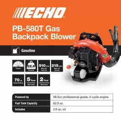 ECHO PB-580T 216 MPH 517 CFM 58.2cc Gas 2-Stroke Backpack Leaf Blower with Tube Throttle