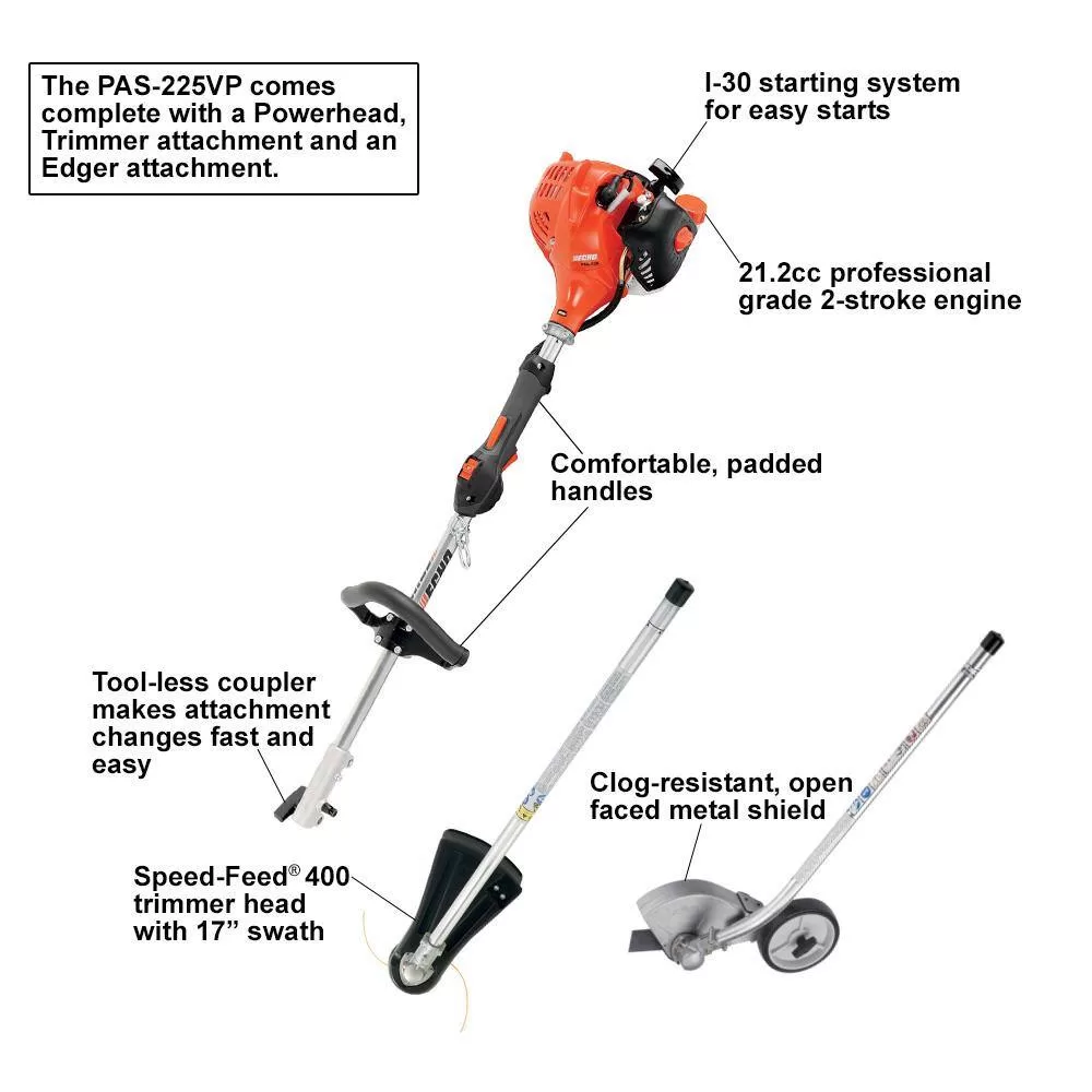ECHO PAS-225VP 21.2 cc Gas 2-Stroke Attachment Capable Straight Shaft String Trimmer with Speed-Feed Head and Curved Shaft Edger Kit