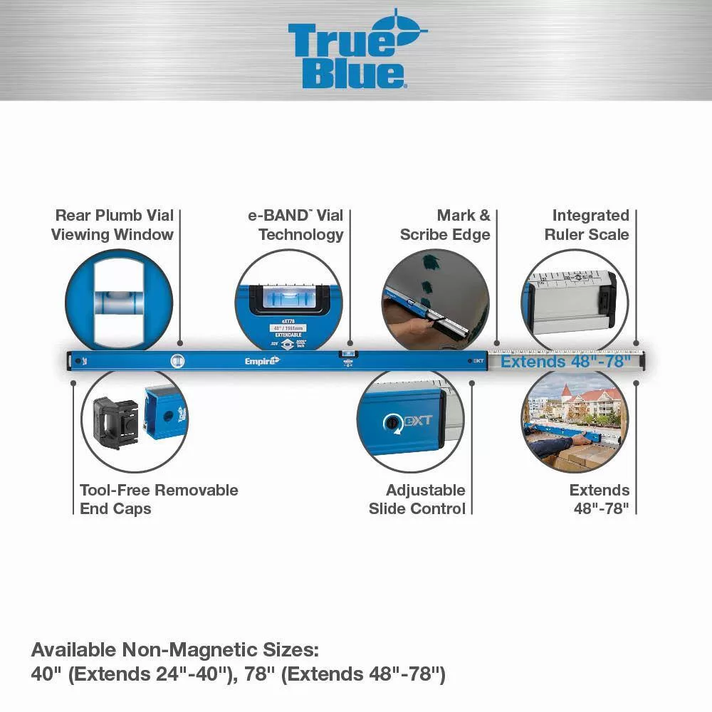Empire eXT78-em105.9 48 in. to 78 in. True Blue Extendable Box Level with 9 in. Magnetic Digital Torpedo Level (2-Piece)