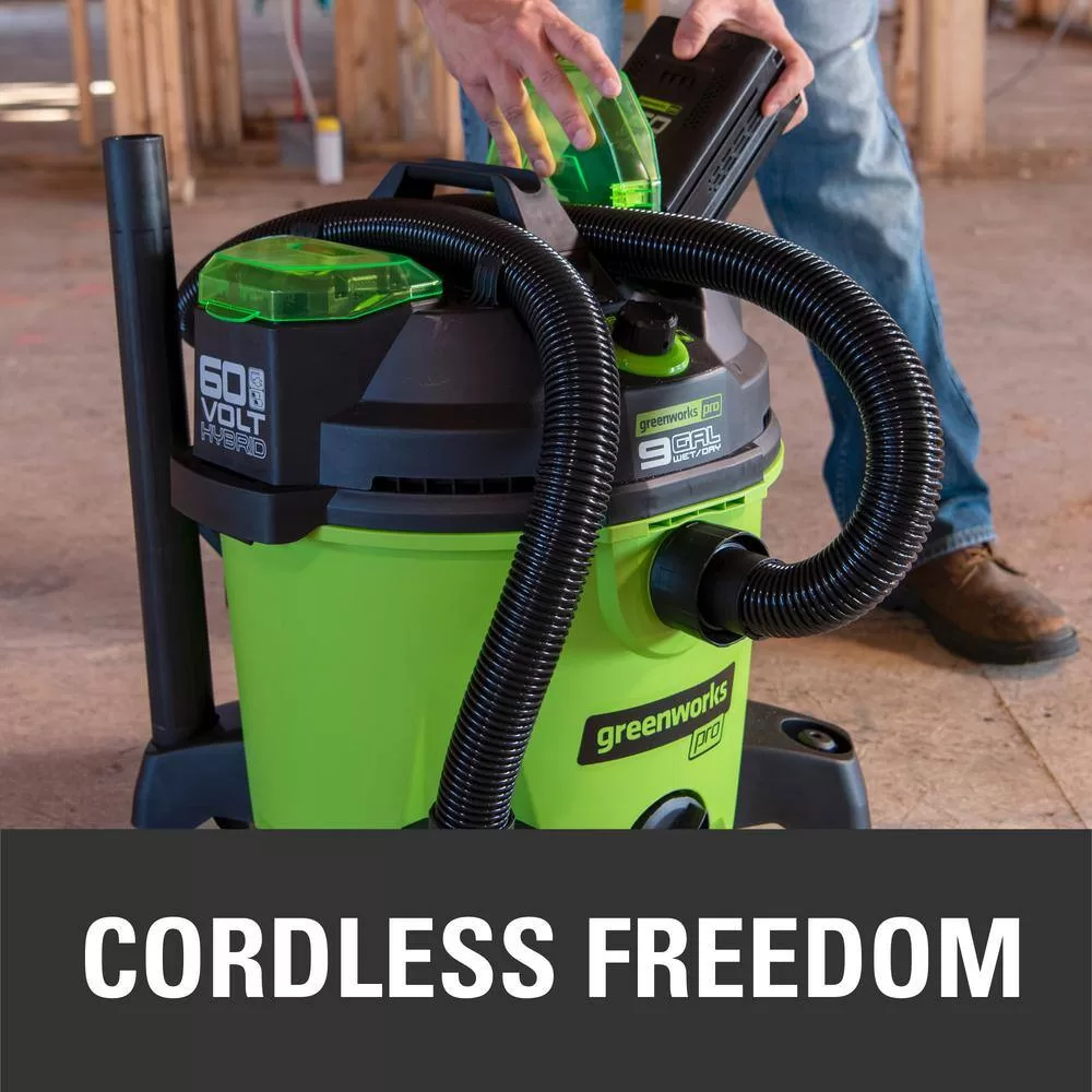 Greenworks VU0B01 PRO 9 Gal. 60-Volt AC/DC Wet Dry Vac (Tool-Only)