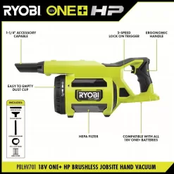 RYOBI PBLHV701B ONE+ HP 18V Brushless Cordless Jobsite Hand Vacuum (Tool Only)