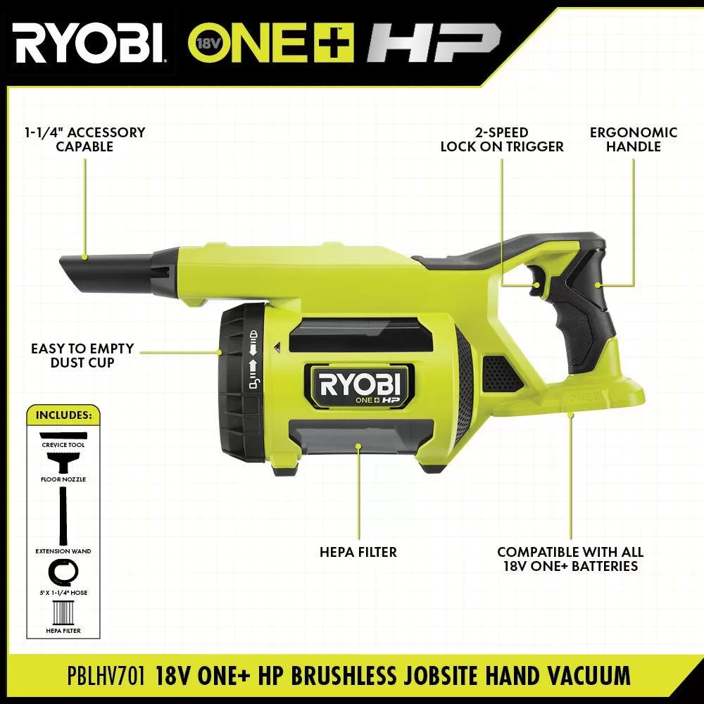 RYOBI PBLHV701B ONE+ HP 18V Brushless Cordless Jobsite Hand Vacuum (Tool Only)