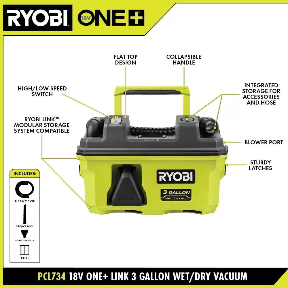 RYOBI PCL734B ONE+ 18V LINK Cordless 3 Gal. Wet/Dry Vacuum (Tool Only)