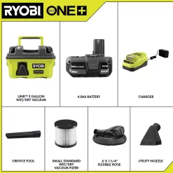 RYOBI PCL734K ONE+ 18V LINK Cordless 3 Gal. Wet/Dry Vacuum Kit with 4.0 Ah Battery and 18V Charger