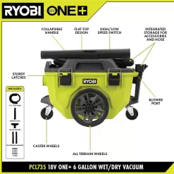 RYOBI PCL735K ONE+ 18V Cordless 6 Gal. Wet Dry Vacuum Kit with 4.0 Ah Battery and 18V Charger
