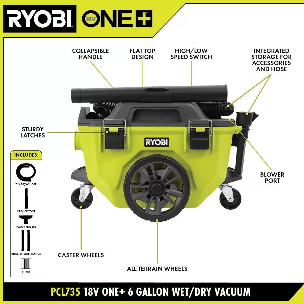 RYOBI PCL735K ONE+ 18V Cordless 6 Gal. Wet Dry Vacuum Kit with 4.0 Ah Battery and 18V Charger