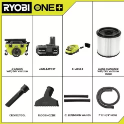 RYOBI PCL735K ONE+ 18V Cordless 6 Gal. Wet Dry Vacuum Kit with 4.0 Ah Battery and 18V Charger