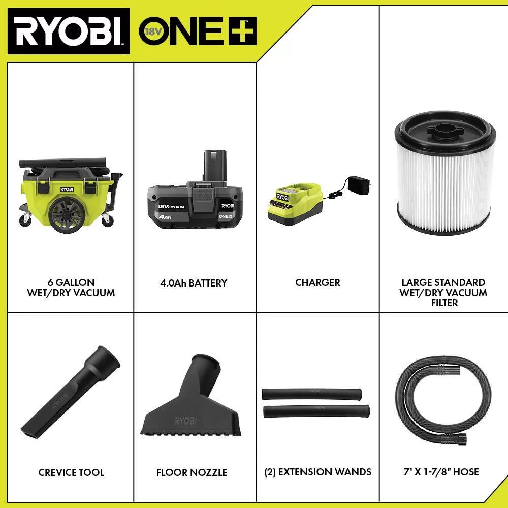 RYOBI PCL735K ONE+ 18V Cordless 6 Gal. Wet Dry Vacuum Kit with 4.0 Ah Battery and 18V Charger