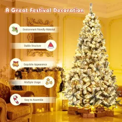 Gymax GYM05804 9 ft. Pre-Lit Artificial Christmas Tree Snow Flocked Hinged Pine Tree with Metal Stand