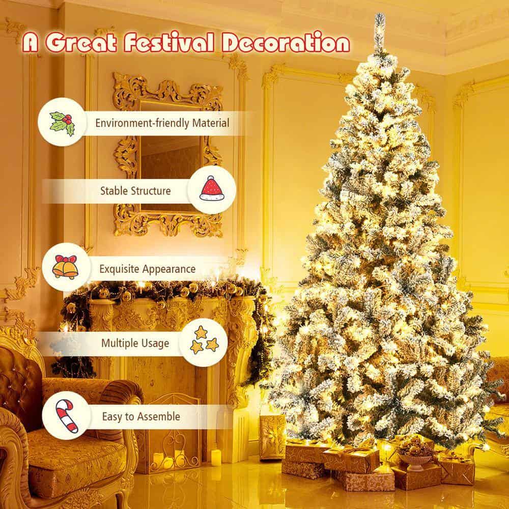Gymax GYM05804 9 ft. Pre-Lit Artificial Christmas Tree Snow Flocked Hinged Pine Tree with Metal Stand