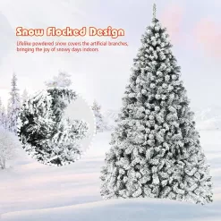 Gymax GYM05804 9 ft. Pre-Lit Artificial Christmas Tree Snow Flocked Hinged Pine Tree with Metal Stand