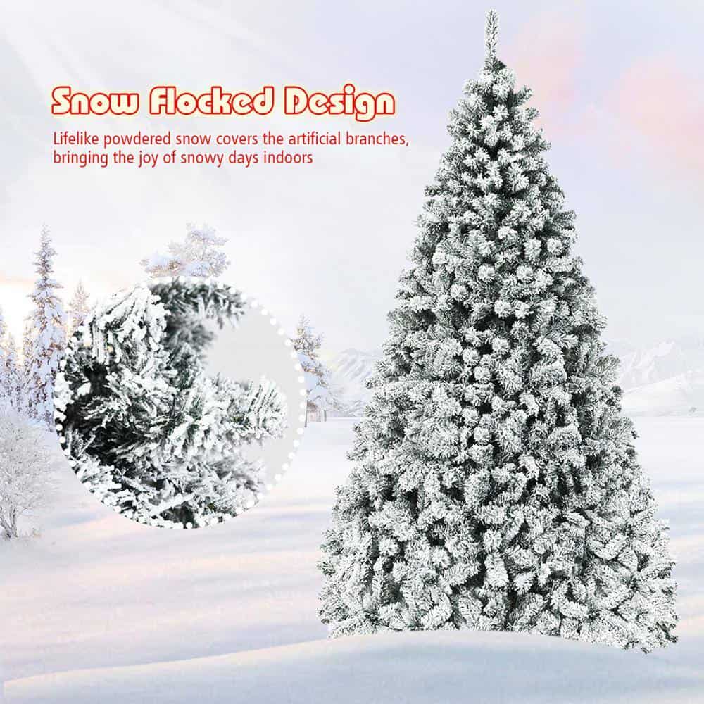 Gymax GYM05804 9 ft. Pre-Lit Artificial Christmas Tree Snow Flocked Hinged Pine Tree with Metal Stand