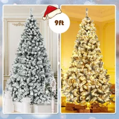 Gymax GYM05804 9 ft. Pre-Lit Artificial Christmas Tree Snow Flocked Hinged Pine Tree with Metal Stand