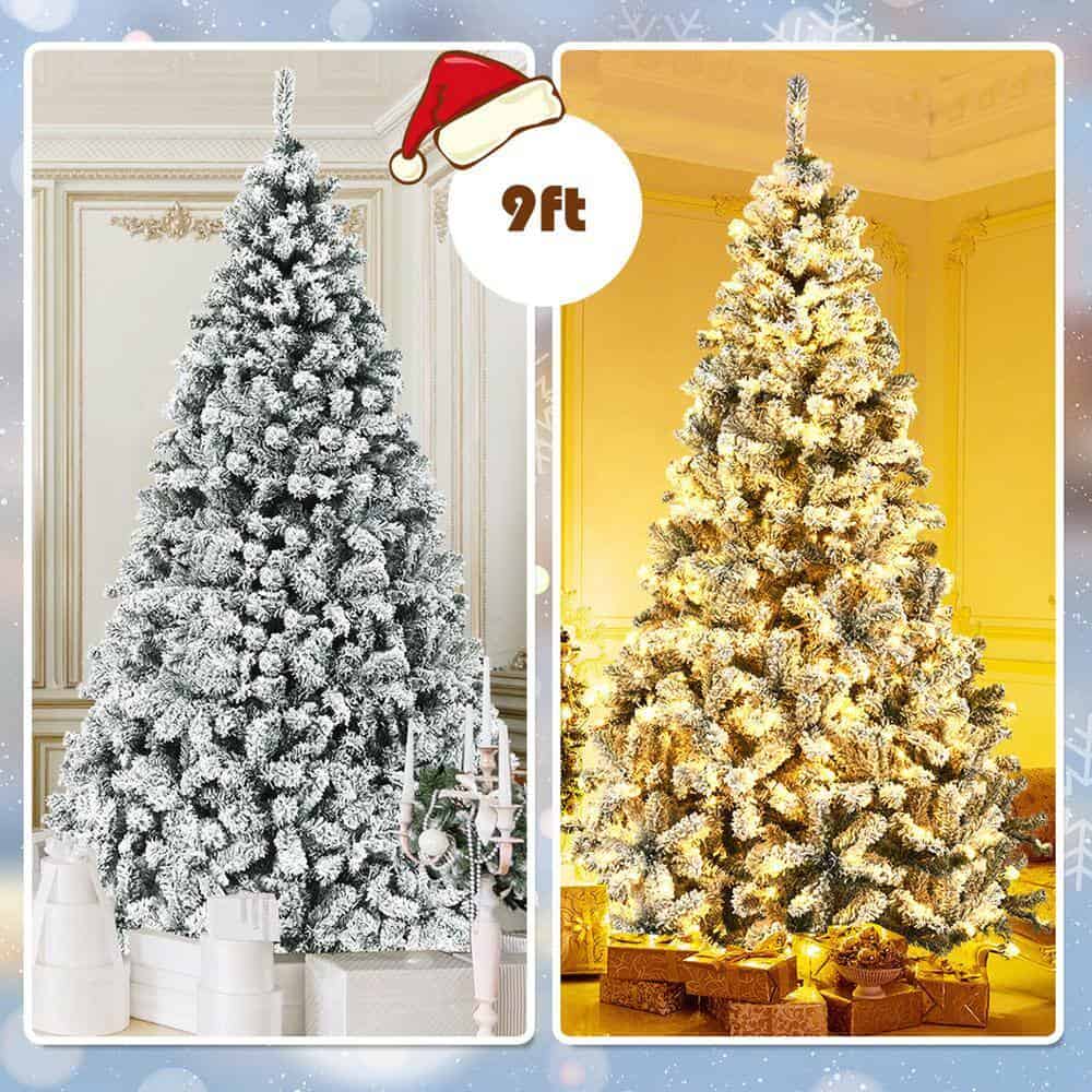 Gymax GYM05804 9 ft. Pre-Lit Artificial Christmas Tree Snow Flocked Hinged Pine Tree with Metal Stand
