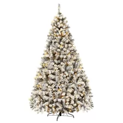 Gymax GYM05804 9 ft. Pre-Lit Artificial Christmas Tree Snow Flocked Hinged Pine Tree with Metal Stand