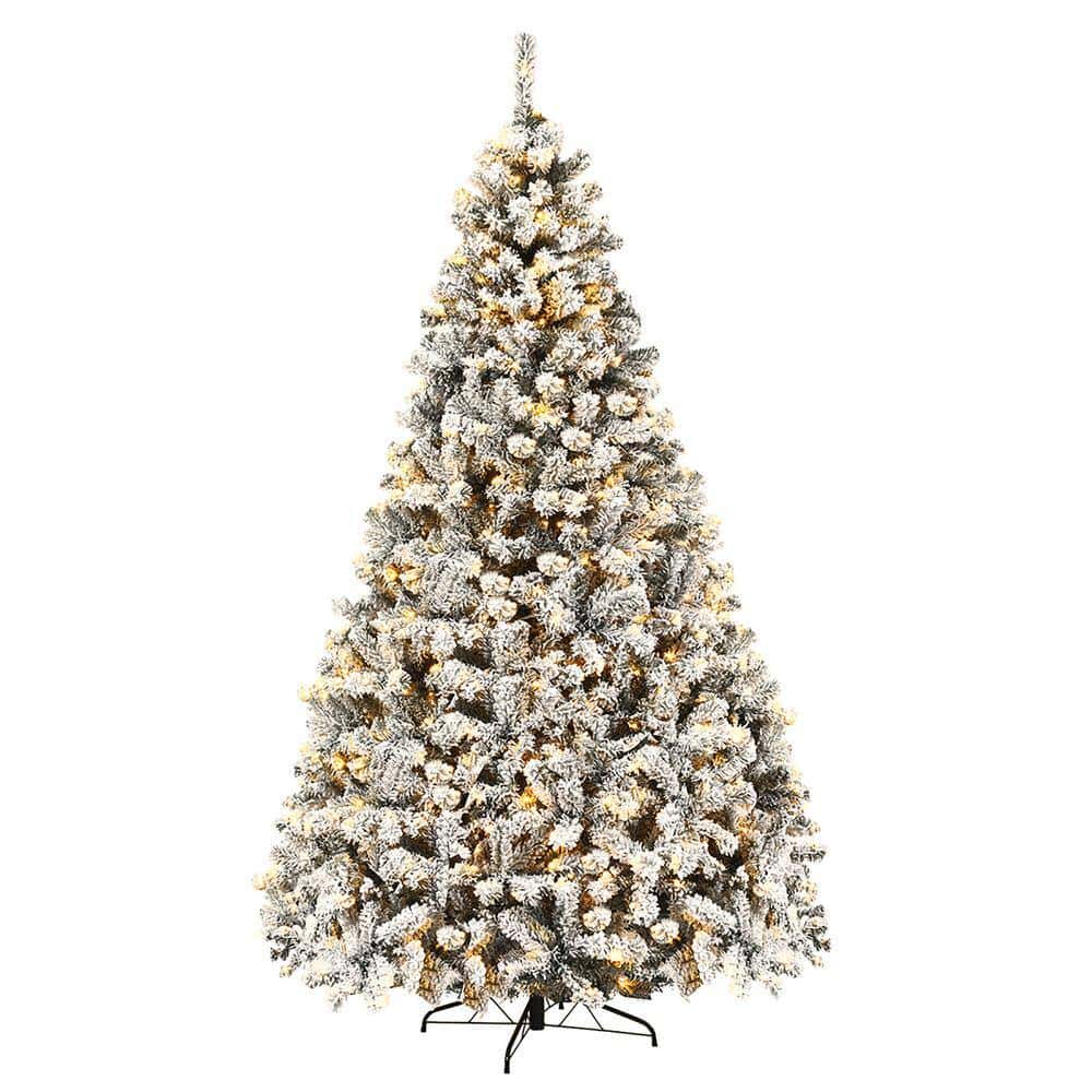 Gymax GYM05804 9 ft. Pre-Lit Artificial Christmas Tree Snow Flocked Hinged Pine Tree with Metal Stand