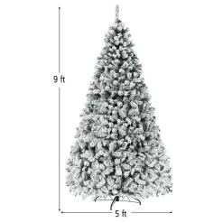 Gymax GYM05804 9 ft. Pre-Lit Artificial Christmas Tree Snow Flocked Hinged Pine Tree with Metal Stand