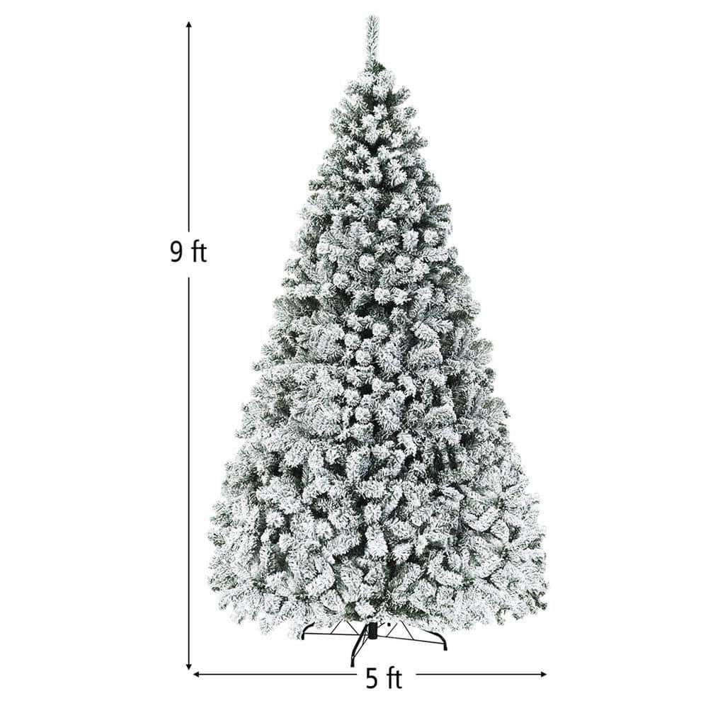 Gymax GYM05804 9 ft. Pre-Lit Artificial Christmas Tree Snow Flocked Hinged Pine Tree with Metal Stand