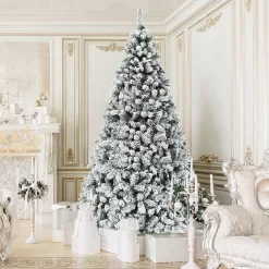 Gymax GYM05804 9 ft. Pre-Lit Artificial Christmas Tree Snow Flocked Hinged Pine Tree with Metal Stand