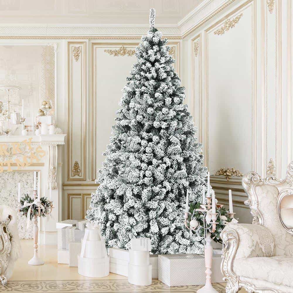 Gymax GYM05804 9 ft. Pre-Lit Artificial Christmas Tree Snow Flocked Hinged Pine Tree with Metal Stand