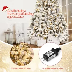 Gymax GYM05804 9 ft. Pre-Lit Artificial Christmas Tree Snow Flocked Hinged Pine Tree with Metal Stand