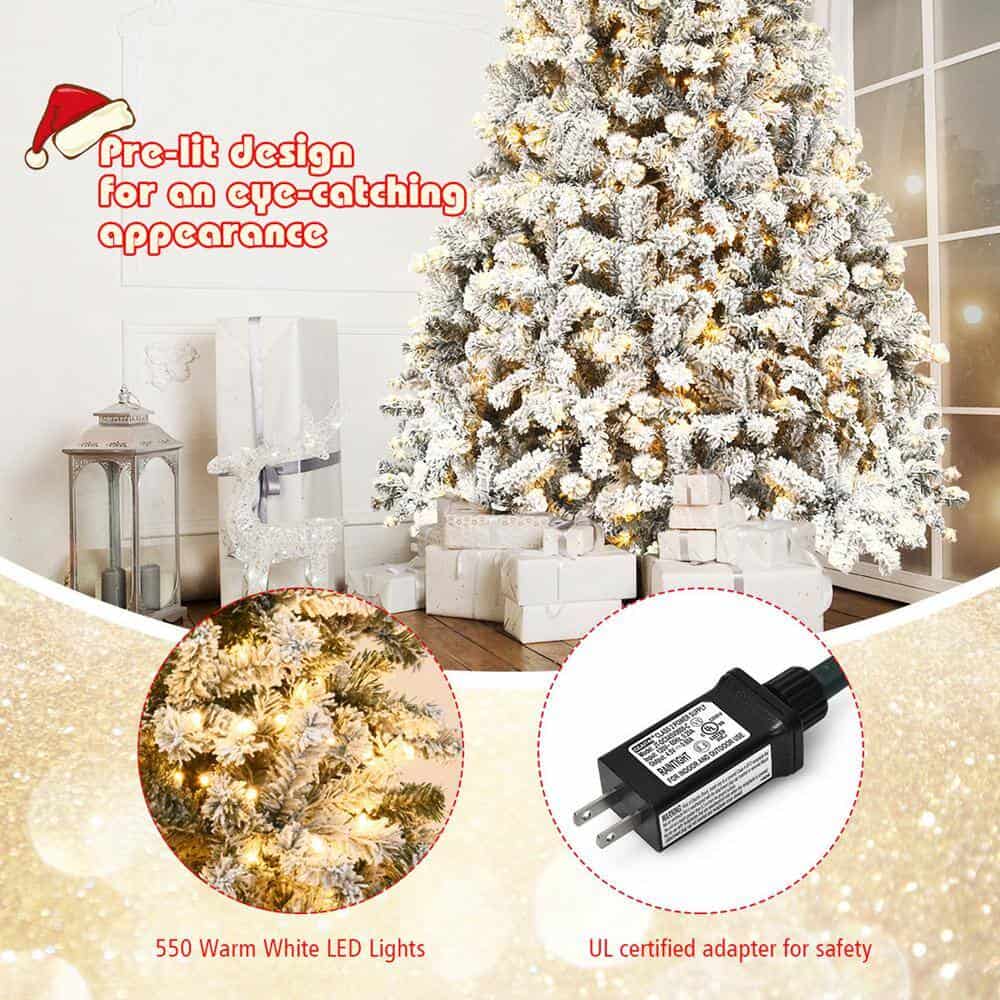 Gymax GYM05804 9 ft. Pre-Lit Artificial Christmas Tree Snow Flocked Hinged Pine Tree with Metal Stand