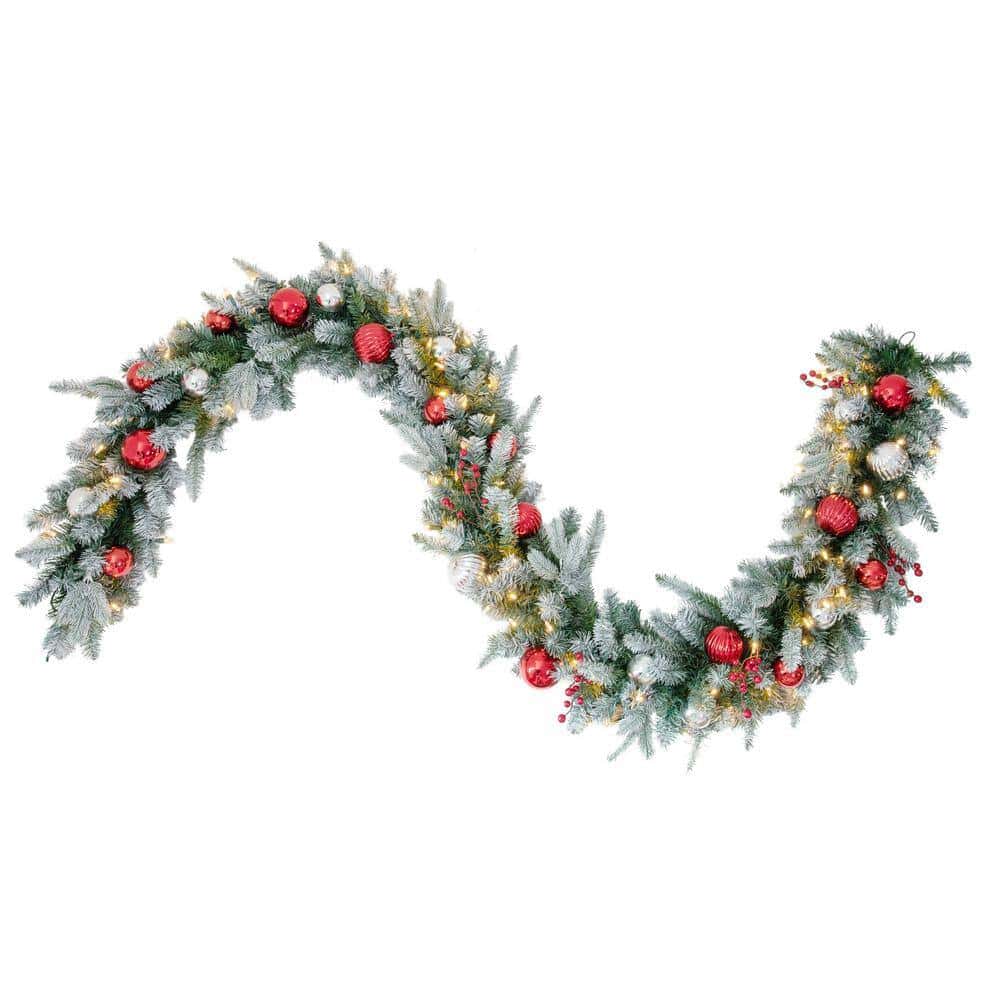 Haute Decor DCGR10801 9 ft. Pre-Lit LED Artificial Frosted Garland with Ornaments