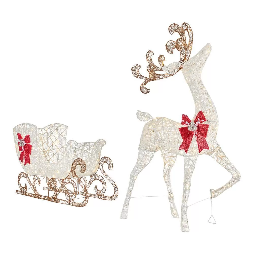 Home Accents Holiday 23RT11722112 60 in. Warm White LED Super Bright PVC Deer with Sleigh Holiday Yard Sculpture