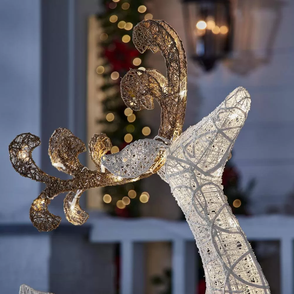 Home Accents Holiday 23RT11722112 60 in. Warm White LED Super Bright PVC Deer with Sleigh Holiday Yard Sculpture