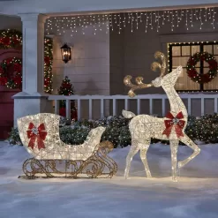 Home Accents Holiday 23RT11722112 60 in. Warm White LED Super Bright PVC Deer with Sleigh Holiday Yard Sculpture