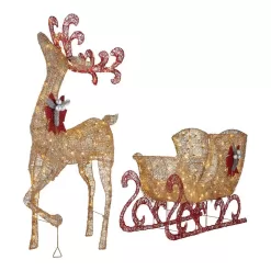 Home Accents Holiday TY374+375-1411 5 ft. Gold Reindeer with 44 in Sleigh Holiday Yard Decoration