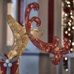 Home Accents Holiday TY374+375-1411 5 ft. Gold Reindeer with 44 in Sleigh Holiday Yard Decoration
