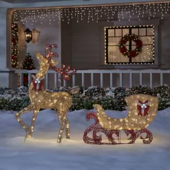 Home Accents Holiday TY374+375-1411 5 ft. Gold Reindeer with 44 in Sleigh Holiday Yard Decoration