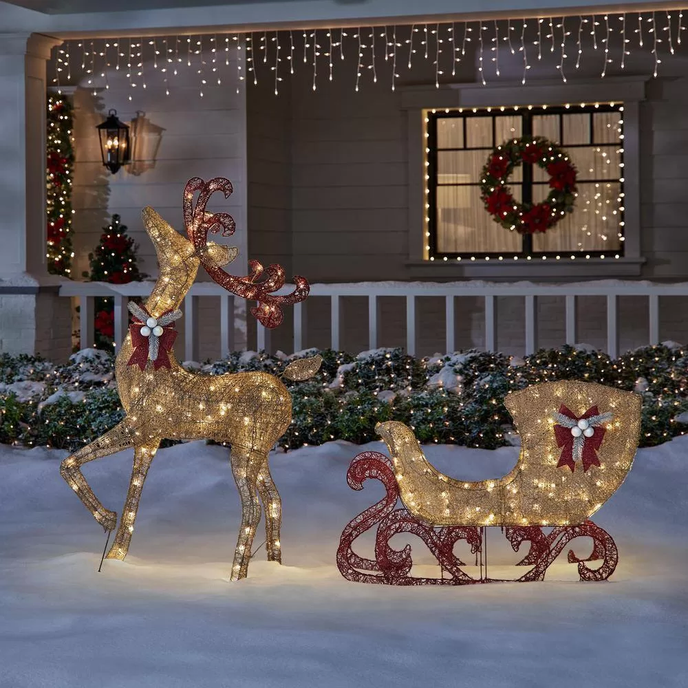 Home Accents Holiday TY374+375-1411 5 ft. Gold Reindeer with 44 in Sleigh Holiday Yard Decoration