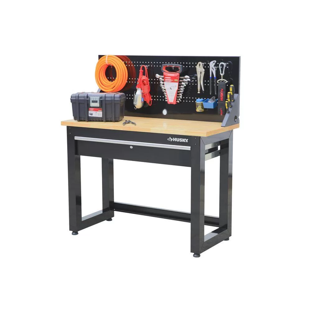 Husky G4801S-US 4 ft. Solid Wood Top Workbench in Black with Pegboard and 1 Drawer